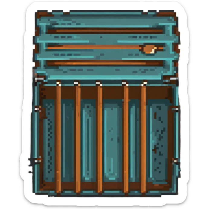 wooden crate with metal reinforcements, orange-brown wood with visible grain texture and dark gray metal bands, 32x32 pixel art game tile that looks breakable sticker