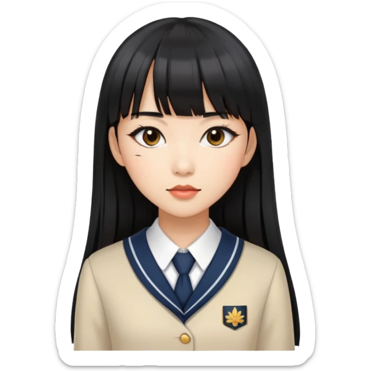 fashionable woman with Asian skin tone, long straight black hair with straight bangs, school uniform, and stylish makeup sticker