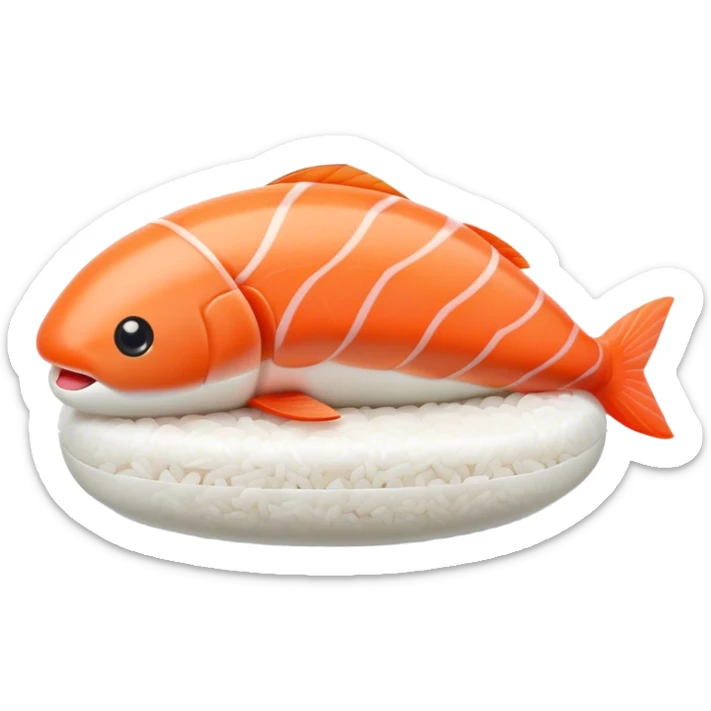 Cute Kawaii Nigiri Sushi, plump and happy, a soft white rice pillow topped with bright orange salmon, tiny blushing cheeks, big round eyes, a joyful floating expression! sticker