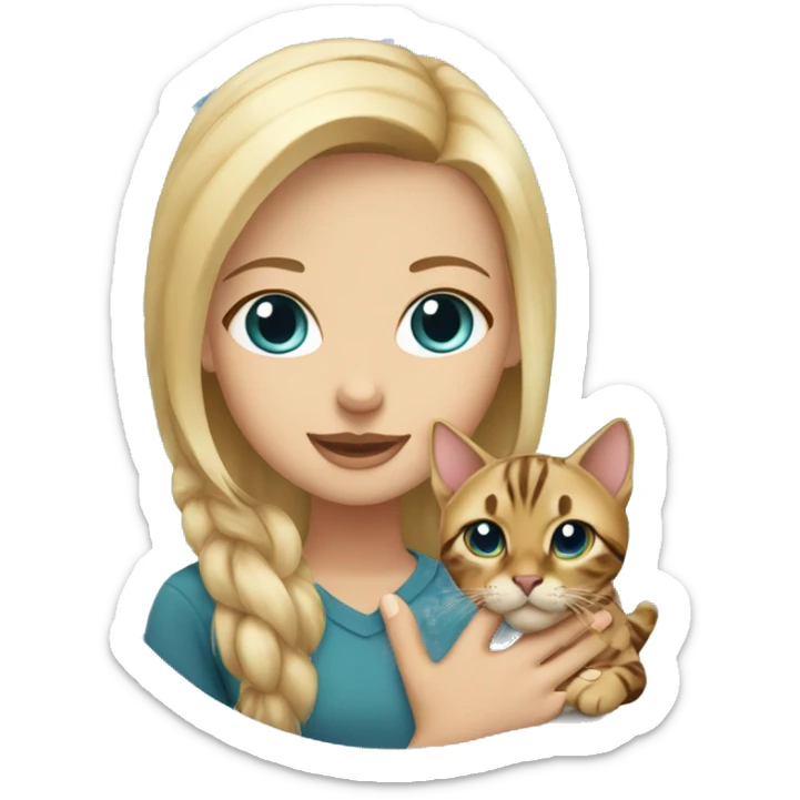 Girl with blonde hair and blue eyes holding a bengal cat sticker