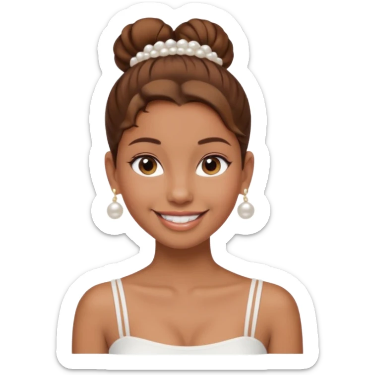 Light brown skin girl, brown hair in bun, smiling, white tube top, pearl earrings sticker