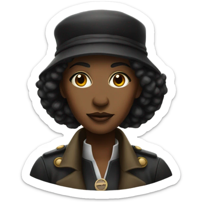 A tall black female revolutionary in dark shades and a tam hat. sticker