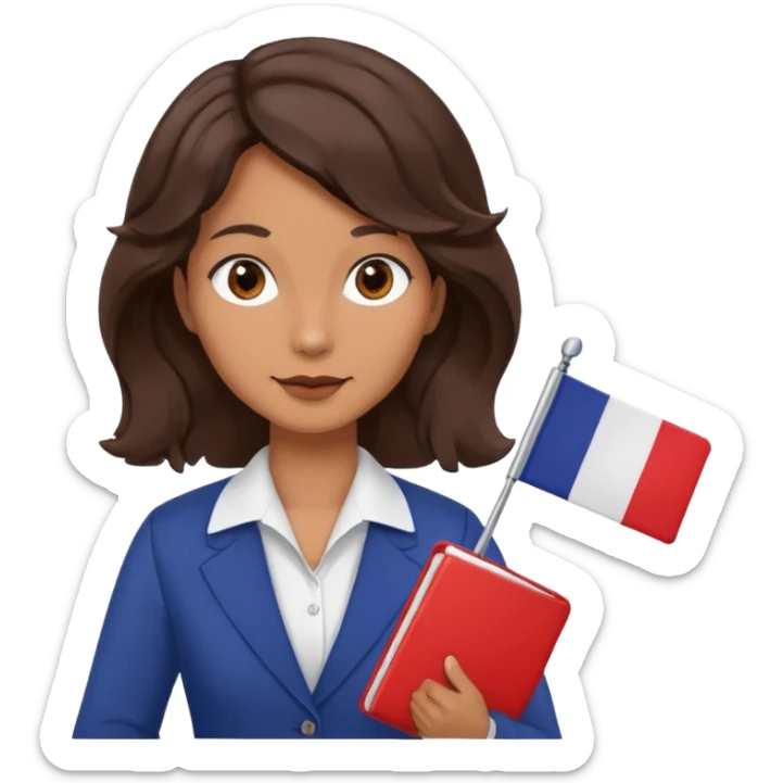 wavy dark brown hair, no glasses, fox dark eyes, with a little file in the hand, being a teacher with a board in the background with a french flag, sticker
