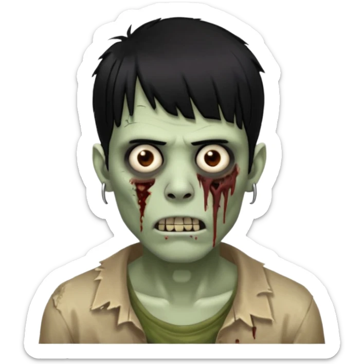homem zombie de franja, cabelo preto, uma ponta maior da franja e o resto do cabelo picotado, cabelo médio e com piercing no septo sticker