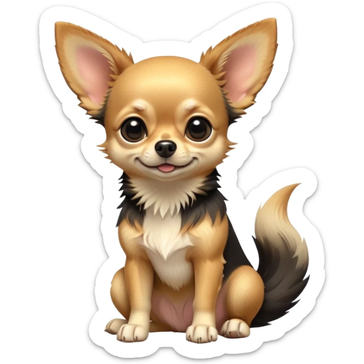 cinematic-[chihuahua dog]-realistic-full-body-sitting-emoji,-tail-resting-loosely-beside-its-paws,-head-tilted-dramatically,-scruffy-[black and tan]-fur,-simplified-yet-realistic-focused-features,-highly-detailed,-glowing-with-an-almost-sarcastic-glow sticker