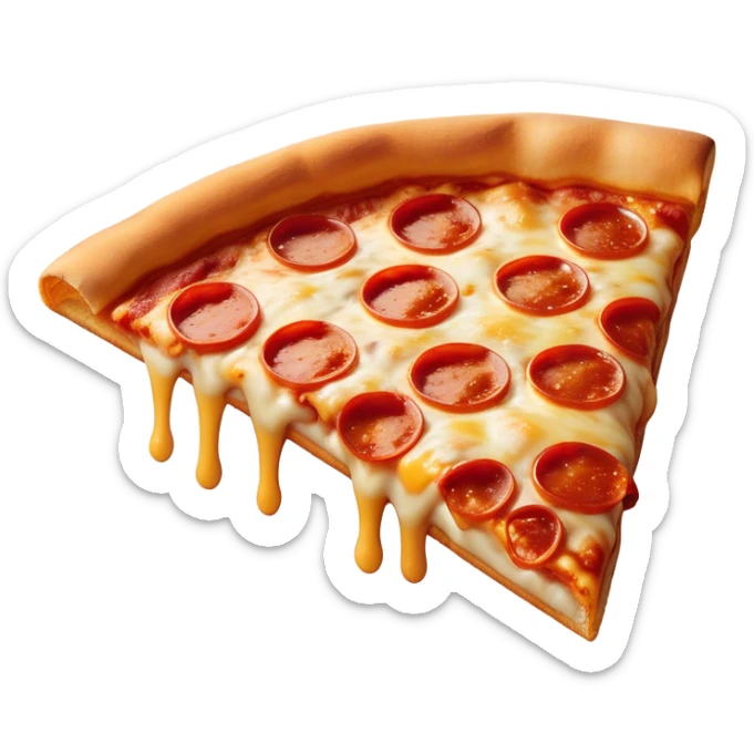 Cinematic cheesy pizza slice, gooey melted cheese stretching as a bite is taken, crispy golden crust, rich tomato sauce, vibrant toppings, warm glowing background, inviting and delicious. sticker