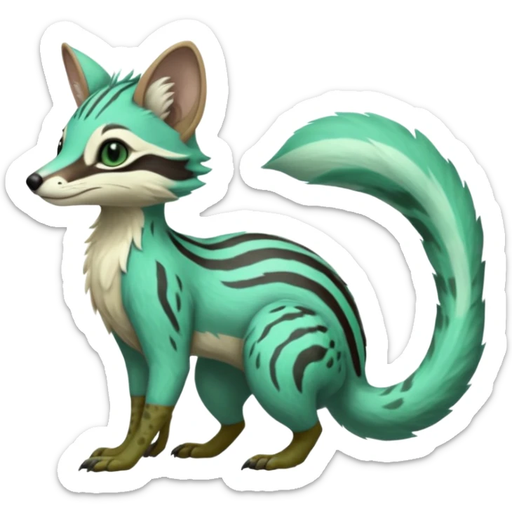 Feral Rare Fantasy minty-cyan pastel-seafoam-green Hunter-forest-green  Vernid-Gremz-Numbat-Sergal-Genet-Trico-species by LiLaiRa, random markings, tufted tail, tufted ears, full body sticker