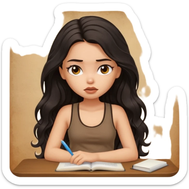 a pretty bratz light dusky girl with long wavy black hair in a brown tank top studying and lookinh tired sticker