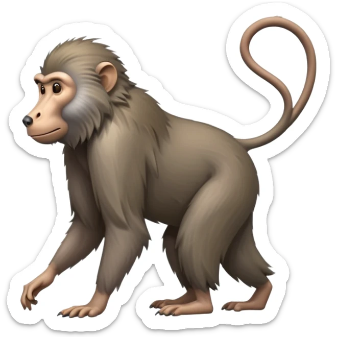 cinematic-hairy baboon-full-body-standing on all fours-emoji,-head-tilted-dramatically,-thick-grey-and-brown-fur,-simplified-yet-realistic-focused-features,-highly-detailed,-glowing-with-an-almost-sarcastic-glow sticker