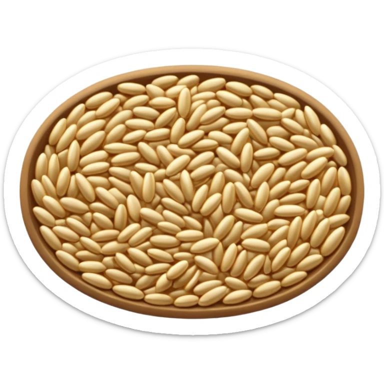 loose scatter of whole barley grains, oval and slightly elongated, pale beige to light golden, smooth matte surface with fine ridges, hearty rustic cereal look, soft lighting, subtle shadows, emoji scale sticker
