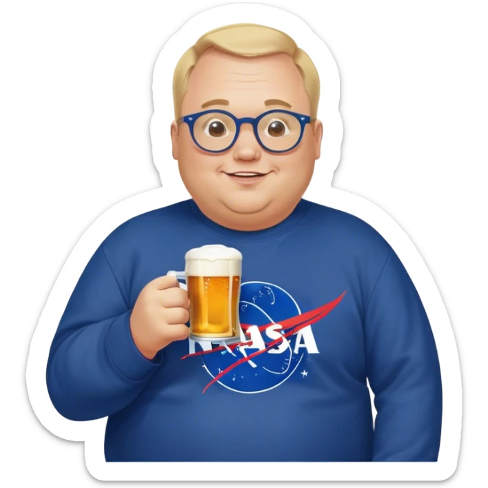 happy fat man, drinks a beer,  blond short and hight receding hairline, wearing a dark blue sweatshirt, nasa logo on the sweatshirt, round glasses without frame, 40 years old sticker