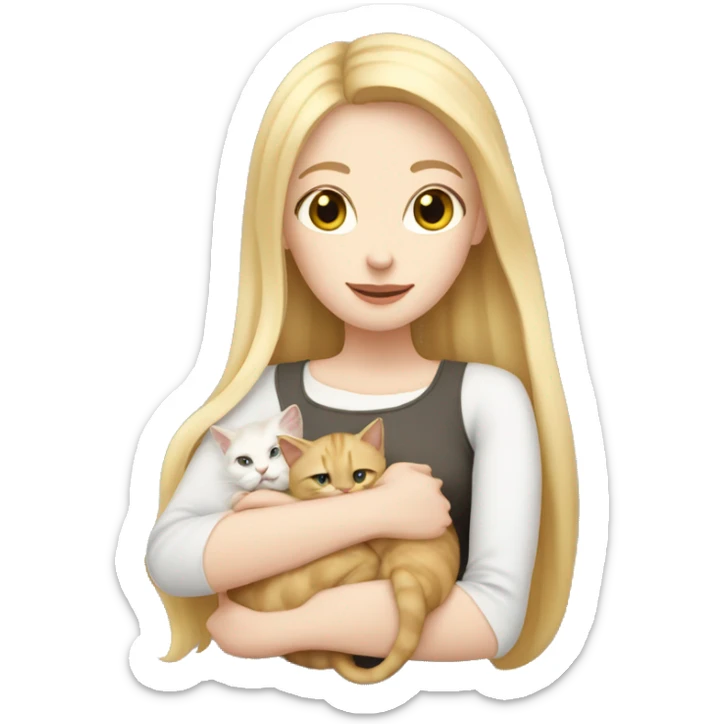 pretty woman with pale skin, very long blonde hair  hugging a cat sticker