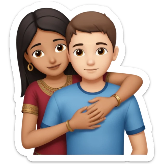 indian boy hugging indian girl from behind... boys hand down near navel of girl... boys head on the shoulder of girl... hugging tight sticker
