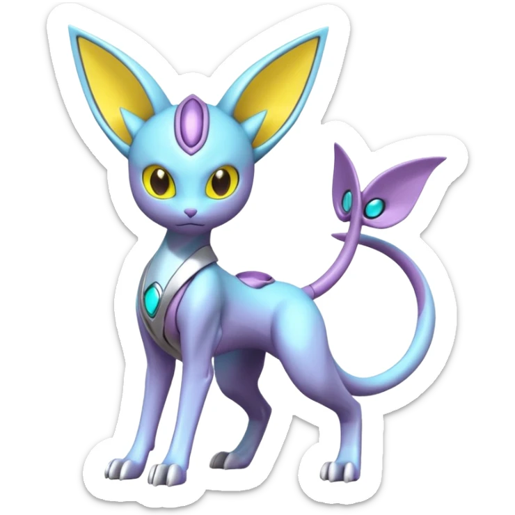 Mechanical Miraidon-Espeon-Mewtwo-Fakémon-hybrid-creature (full body)  with yellow eyes and cyan markings sticker