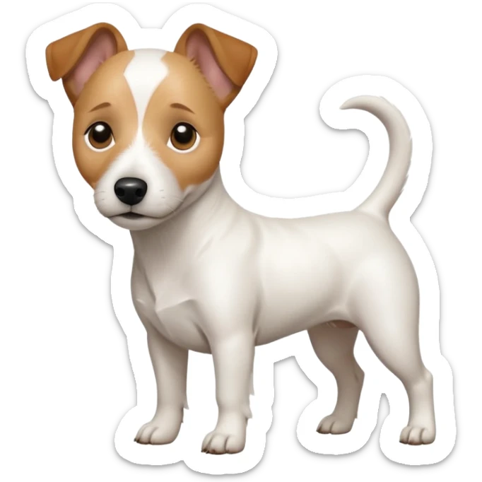 a full body white jack russel looking dog the size of a kelpie with light brown ears and a light brown patch on one eye and a large snout sticker