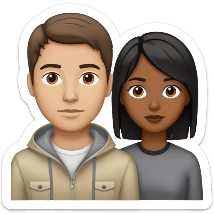 Man with light skin, brown hair with streaks of gray and light skin with a  woman with medium length black hair and brown skin sticker