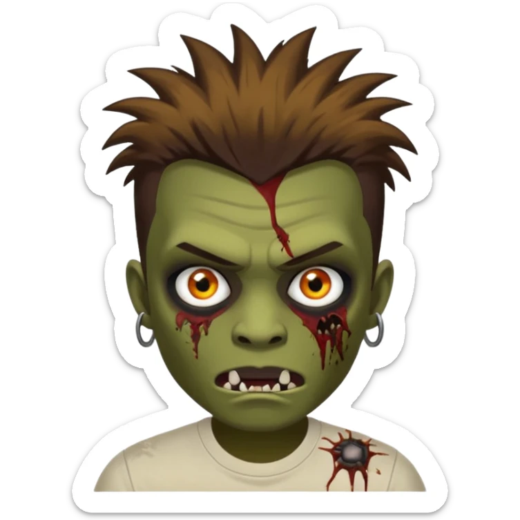 Um garoto zombie de cabelo castanho escuro, com o cabelo chegando no pescoço, punk, com olhos castanhos esverdeados, de camisa branca sticker