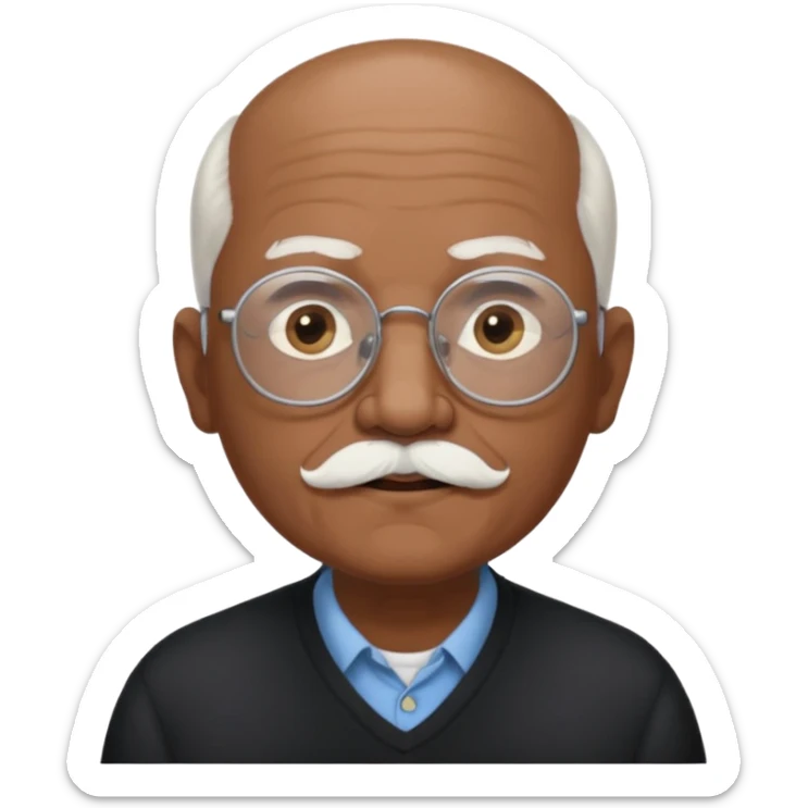 an elderly man with medium-dark skin tone, bald on top with short white hair at the sides, thick white eyebrows, large brown eyes, and wears black-framed glasses.
A small white mustache sits above his mouth sticker