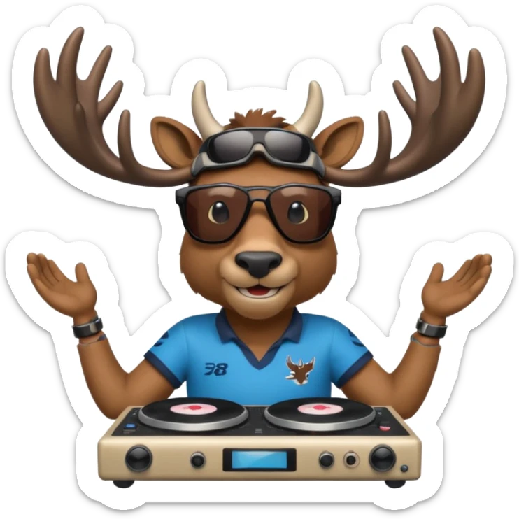 un caribou qui sourit avec des lunettes de soleil de face avec des platines de dj en bas et le maillot de bayonne rugby club sticker