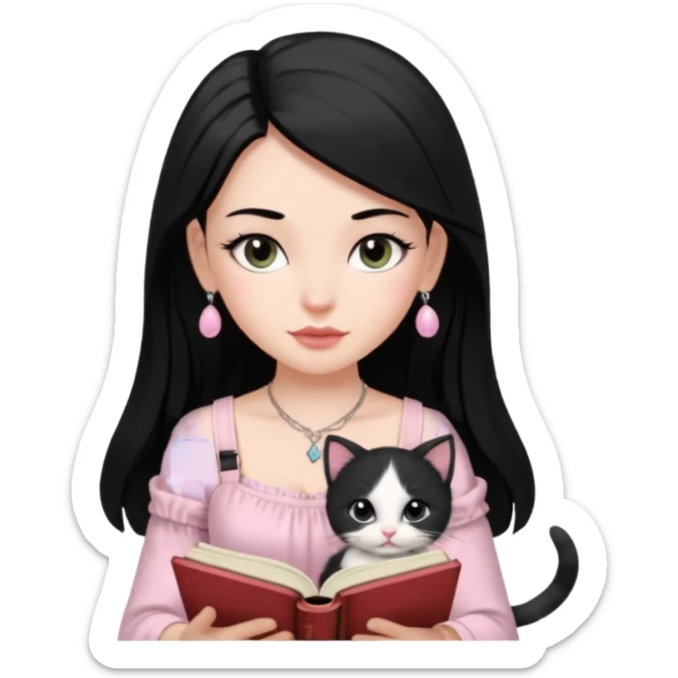 Menina branca ,cabelos pretos longos, olhos pretos puxados para cima. Cílios longos, lábios grossos ,nariz pequeno ,vestido rosa claro de alça. Colar e brinco bem pequeno. Lendo um livro com gatinho preto e branco. sticker