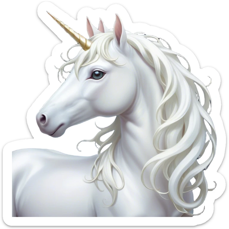 Cinematic Noble White Unicorn Portrait Emoji, Poised and regal, with a slender, ethereal form draped in a pristine white color, a flowing mane and tail, and a glistening, spiraled horn that radiates pure light, Simplified yet sharp and sophisticated features, highly detailed, glowing with a soft, iridescent luminescence, high shine, intelligent and transcendent, stylized with an air of mythical enchantment, focused and serene, soft glowing outline, capturing the essence of a watchful and confident white unicorn that appears ready to prance out of the screen with magical grace! sticker