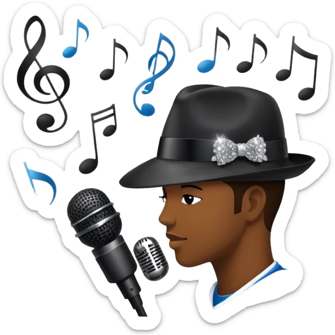 Icon for R&B Music: collage of famous R&B artists, represented by silhouettes or symbols like a fedora, microphone, sparkly glove, and music notes. The image should convey the energy and soul of R&B music. Transparent background. sticker