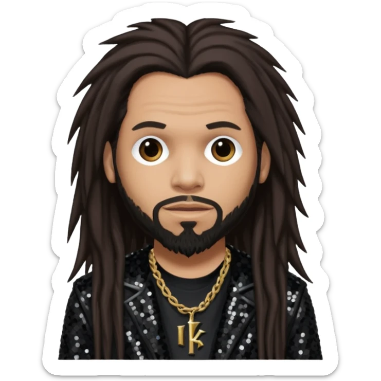 Reginald Fieldy Arvizu from Korn with long dark brown hair, light tan skin, black sequin outfit sticker