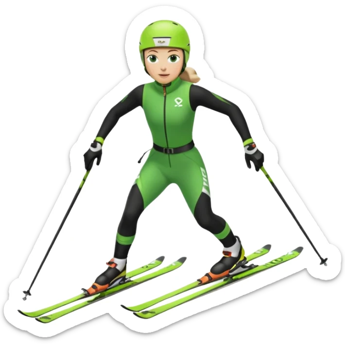 Xc ski racer in green and black clothing. Full body, classic skiing uphill sticker