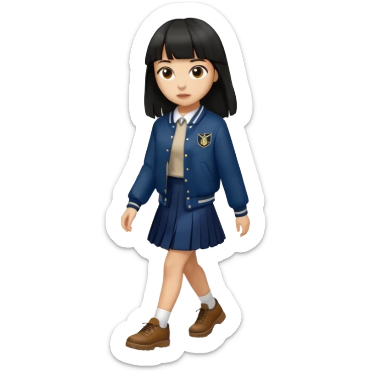 hair : black long hair with fringe 
skin : light 
cloth : deep brown varsity jacket + navy long long school girl skirt 
motion : walking 


 sticker