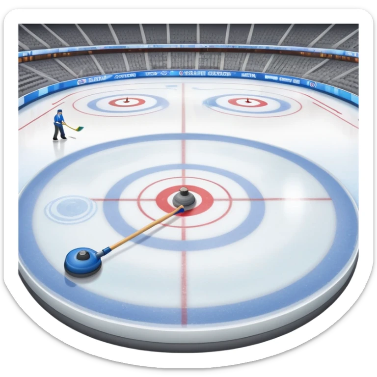 An icon showing the ice with a broom and a close-up of a curling stone sliding. The scene is set in a brightly lit stadium, with detailed spectator stands in the background. Transparent background highlights the focus, skill, and atmosphere of the curling sport. sticker