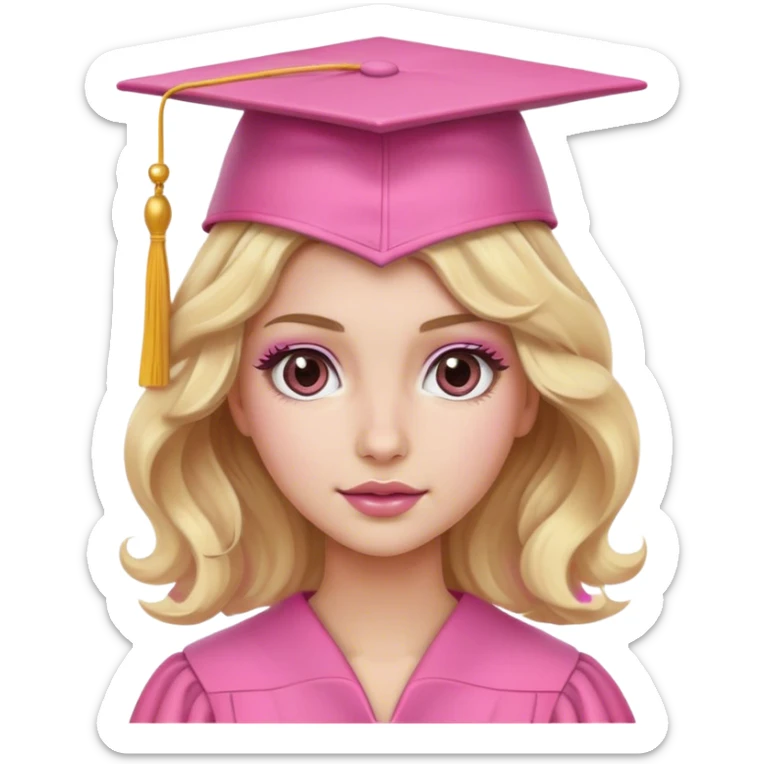 Blonde with wavy hair, a pink graduation cap, white skin and brown eyes with pink makeup  sticker