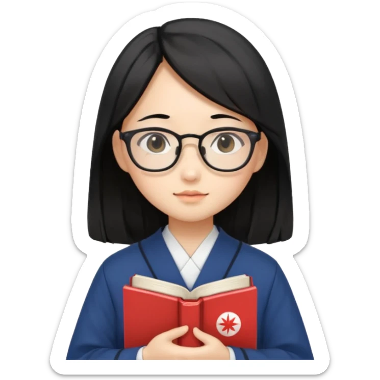 A student, asian girl, long black hair, wearing glasses, japanese uniform, hold book in front of their chest sticker