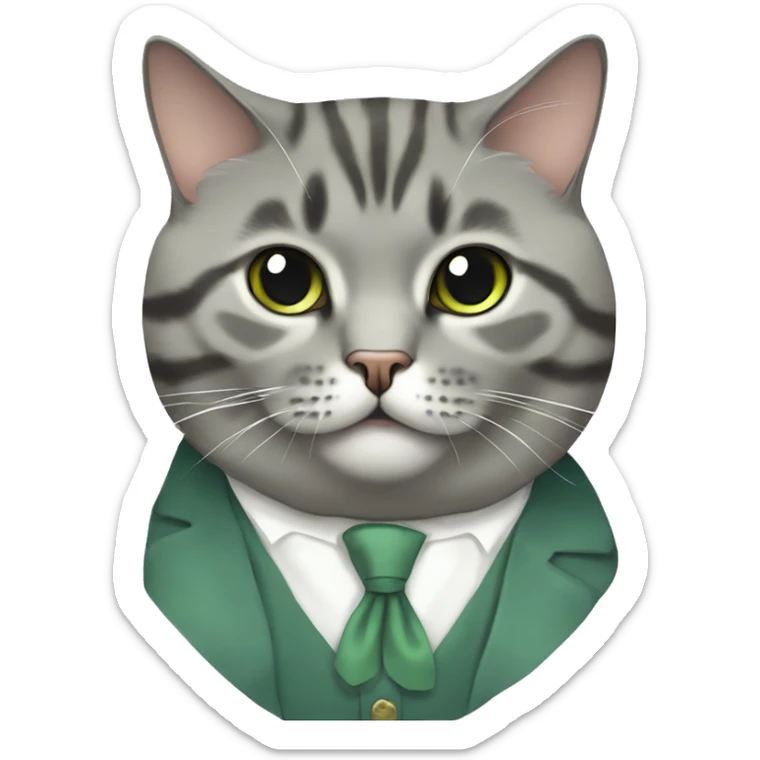 Aesthetic fat grey tabby British short hair full body cat with sage green bow tie sticker