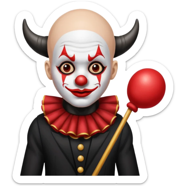 Crea un payaso con toda la cara blanca sin pelo con cuernos de color negro, que su cuerpo tenga un traje de payaso negro con rojo sticker
