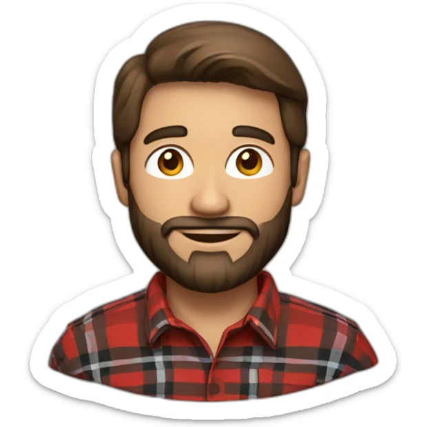 Man with a beard and brown hair wearing a red and black plaid flannel shirt and a Santa hat sticker