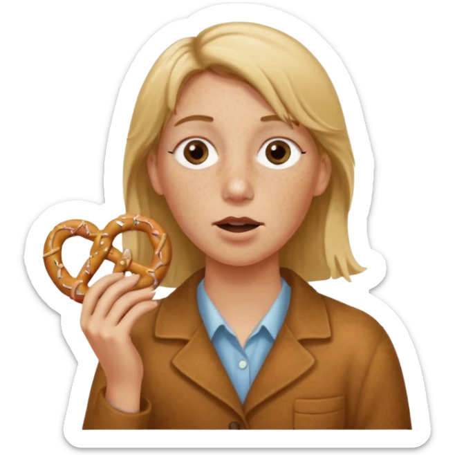 Short, center part, Dirty blond hair, fair skin with freckles,  holding pretzels and closing one eye sticker