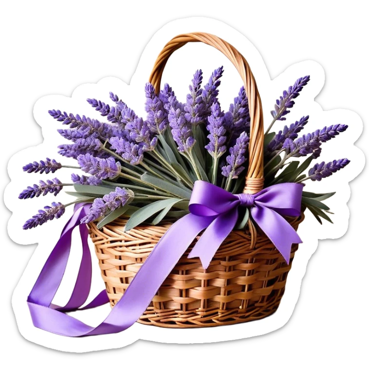 A carefully arranged lavender bouquet, interwoven with hints of muted wisteria and smoky violet, rests inside a vintage wicker basket, its stems spilling over in a cascade of soft, fragrant beauty. A loosely draped silk ribbon in shades of lavender and aubergine weaves through the handle, catching the light as it gently sways in the breeze.
 sticker