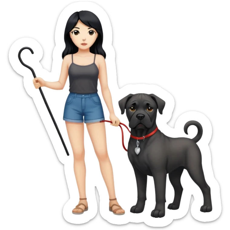 Woman with long black hair wearing spaghetti strap top holding a black Cane Corso dog with cropped ears and short tail sticker