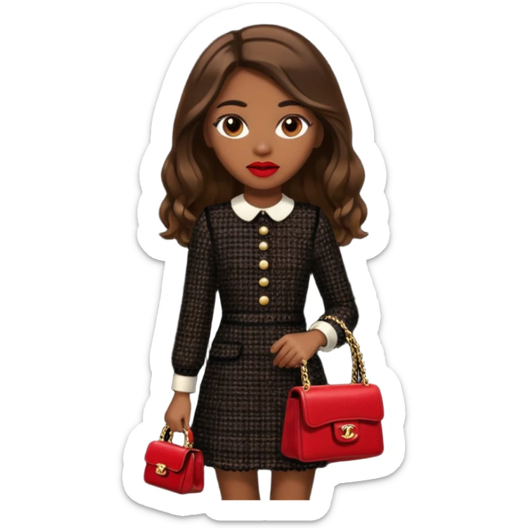 girl with brown long hair dressed up in black chanel tweed dress carrying a red chanel bag and wearing red lipstick. Close up shot with wind blowing her hair looking fancy sticker