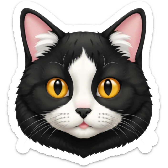 A tuxedo cat, top half body, a black mark near his mouth under the nose sticker