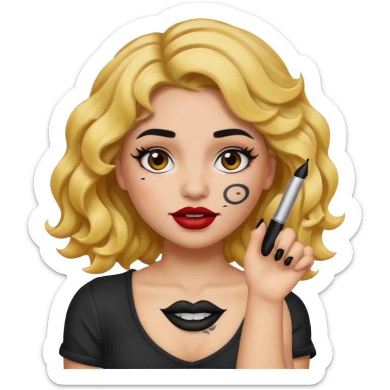 I want to create a female emoji with wavy hair and arm tattoo with her nose pierced and black lip stick sticker