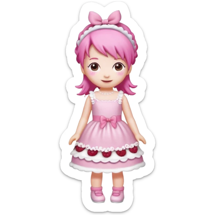 Isolated detaile illustration of the most modern raspberry torte doll figurine full body with pink hair and a hairband sticker