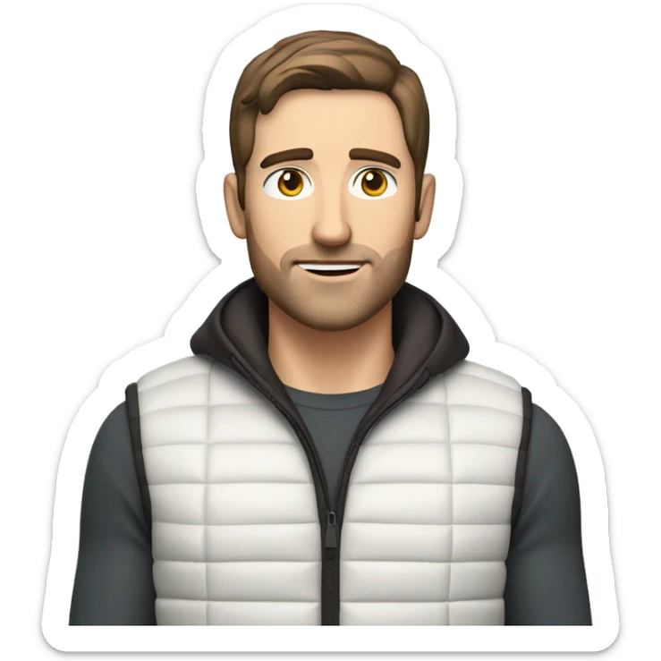 a white man with chocolate brown hair and stubble in a sport gilet  sticker
