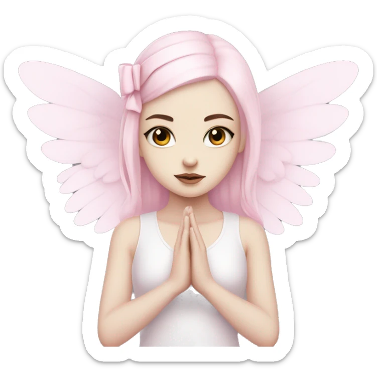 cute white goth girl meditating wearing pale pink, pale pink bow, pale pink wings sticker