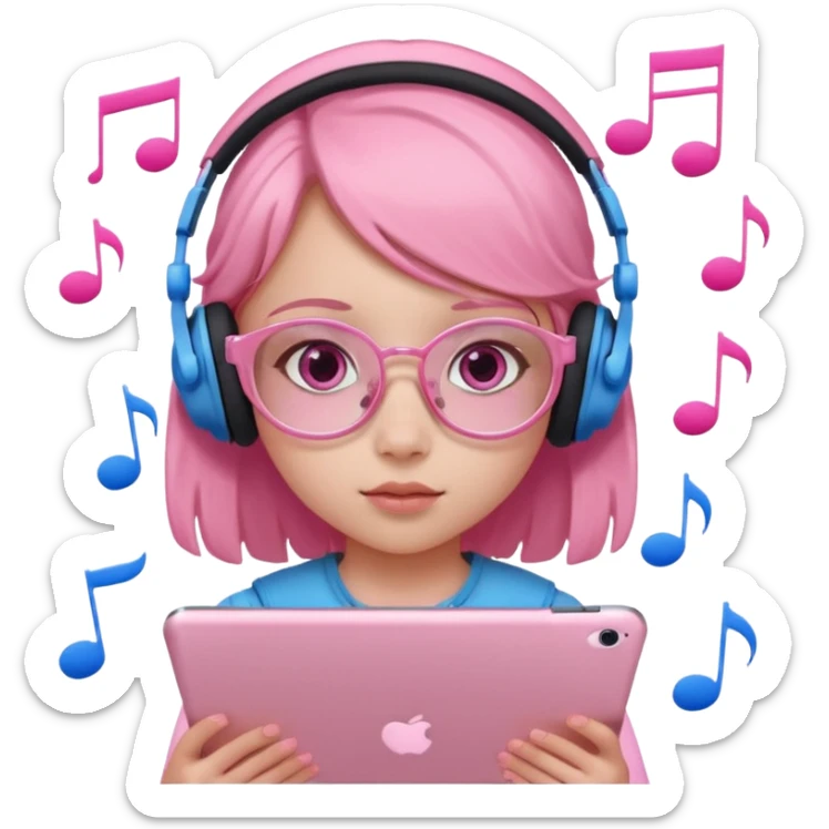 Little girl with headphones when pink eyes and pink iPad and pink dreamy background and rose colored glasses and blue music notes around her sticker