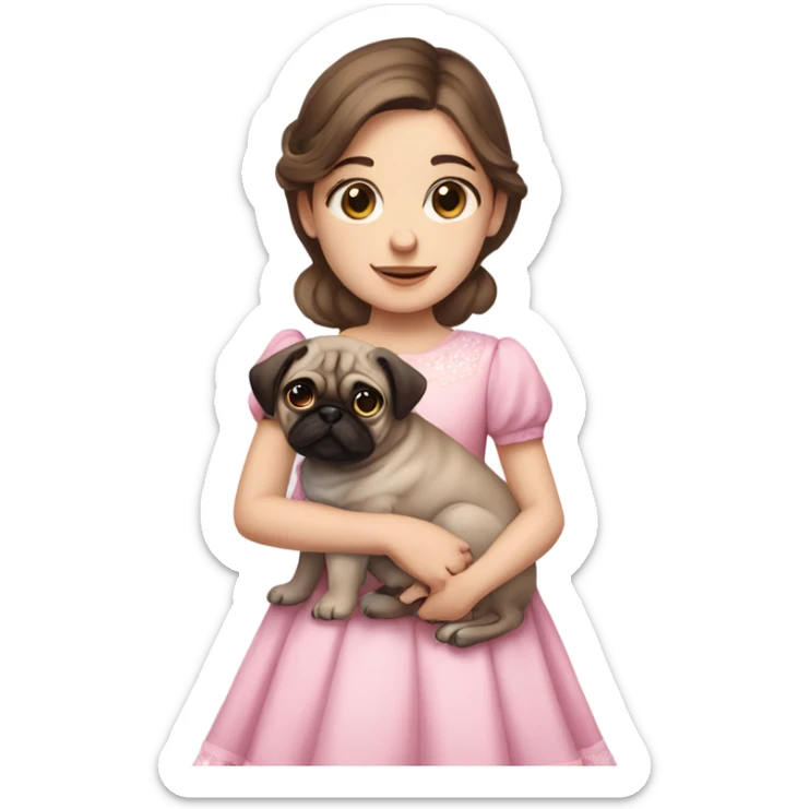 Brown hair blue eyes girl with pug puppy with pink dress sticker