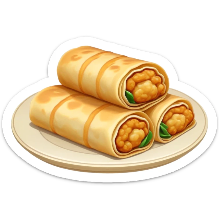 Shandong Jianbing guozi rolled pancake with crispy fritter inside, simplified emoji style with bold outlines and bright colors, cartoon style Chinese crepe sticker