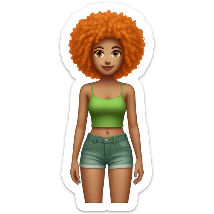Girl with tan light skin green tube top and denim shorts on and a very orange curly Afro sticker