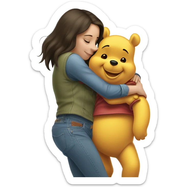 Winne the Pooh hugging pretty brunette girl wearing jeans sticker