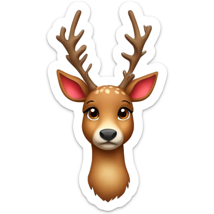 Create a cute deer emoji with soft brown fur, big kind eyes and horns. A red Christmas hat or a wreath of fir branches can be on the head to create a festive image sticker